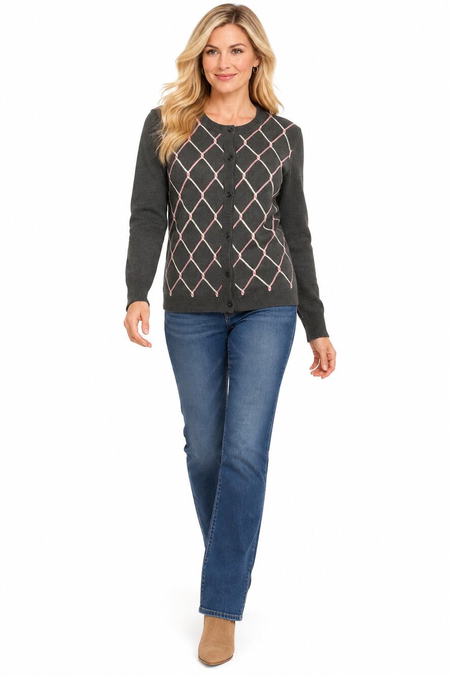 D150 Croft Barrow Womens Large Gray Pink Diamond Button Front Cardigan Sweater